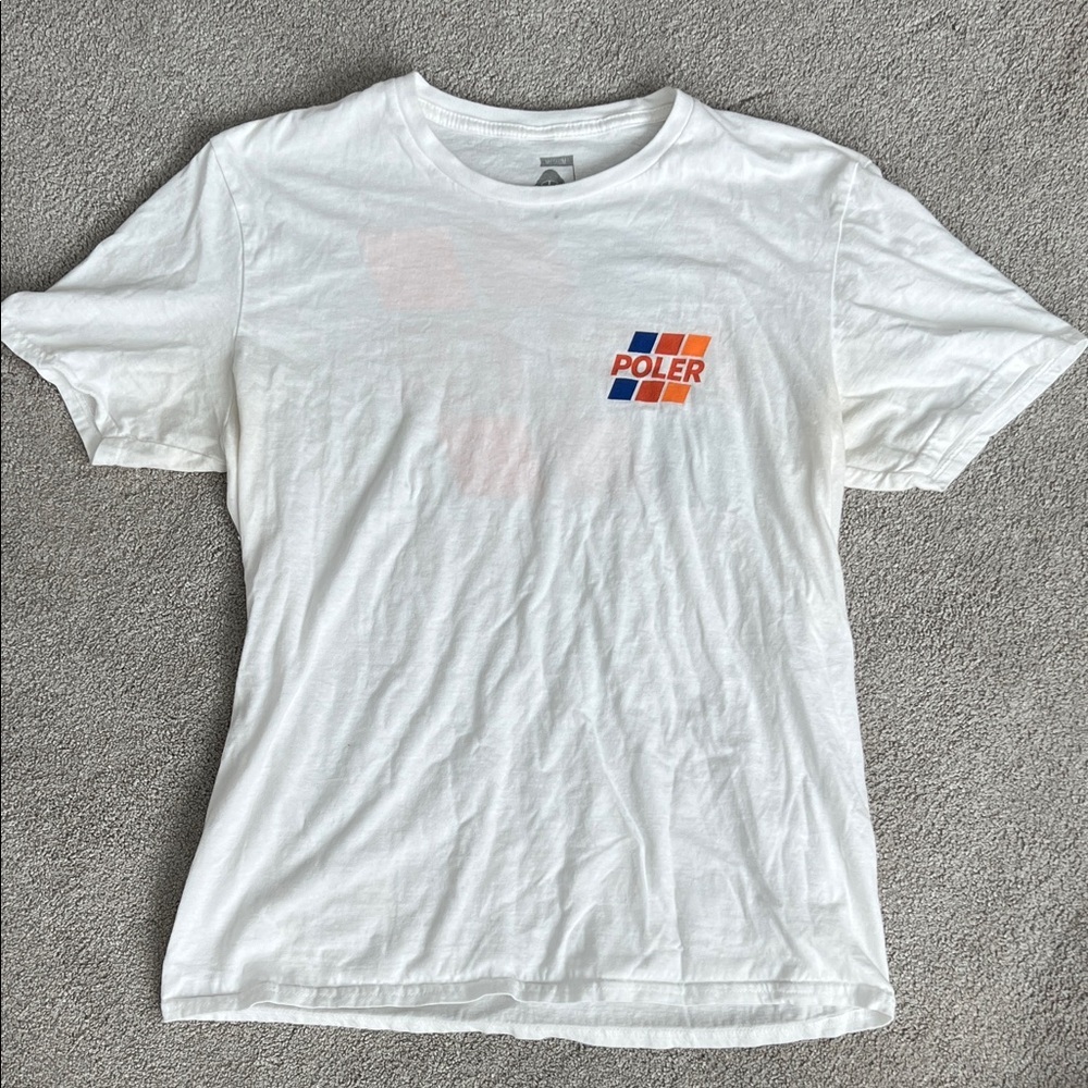 Poler White Tee with Orange and Blue Logo